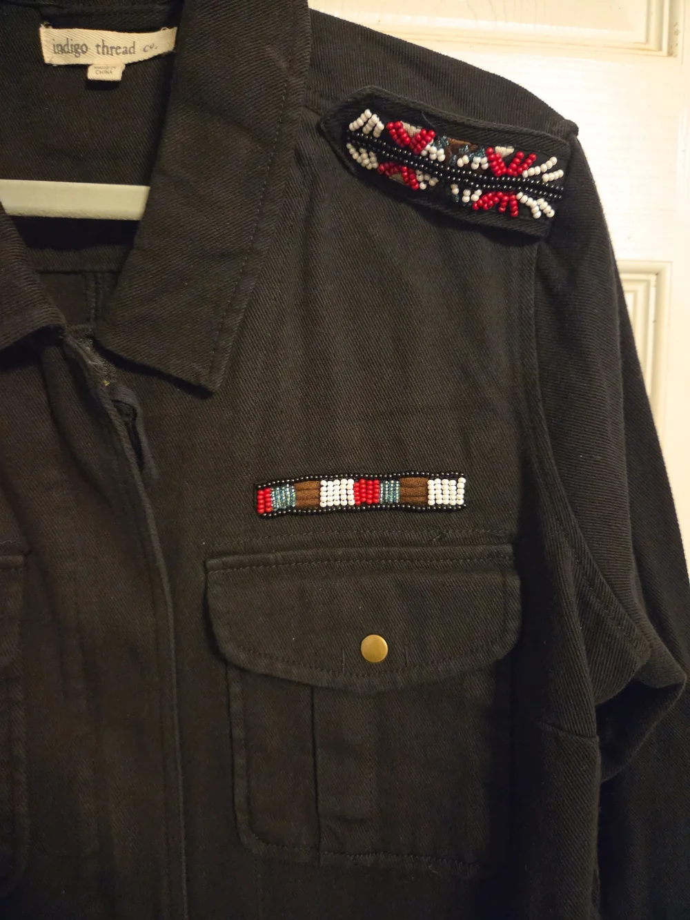 Indigo Black Utility Jacket with Beaded Red & White Accents
